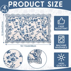 HunnmingRe Blue Floral Placemats Set of 4 12x18 Inch Chinoiserie Vintage Country Spring Placemats Washable Rustic Table Decoration for Kitchen Dining Restaurant Picnic Home Party Decor
