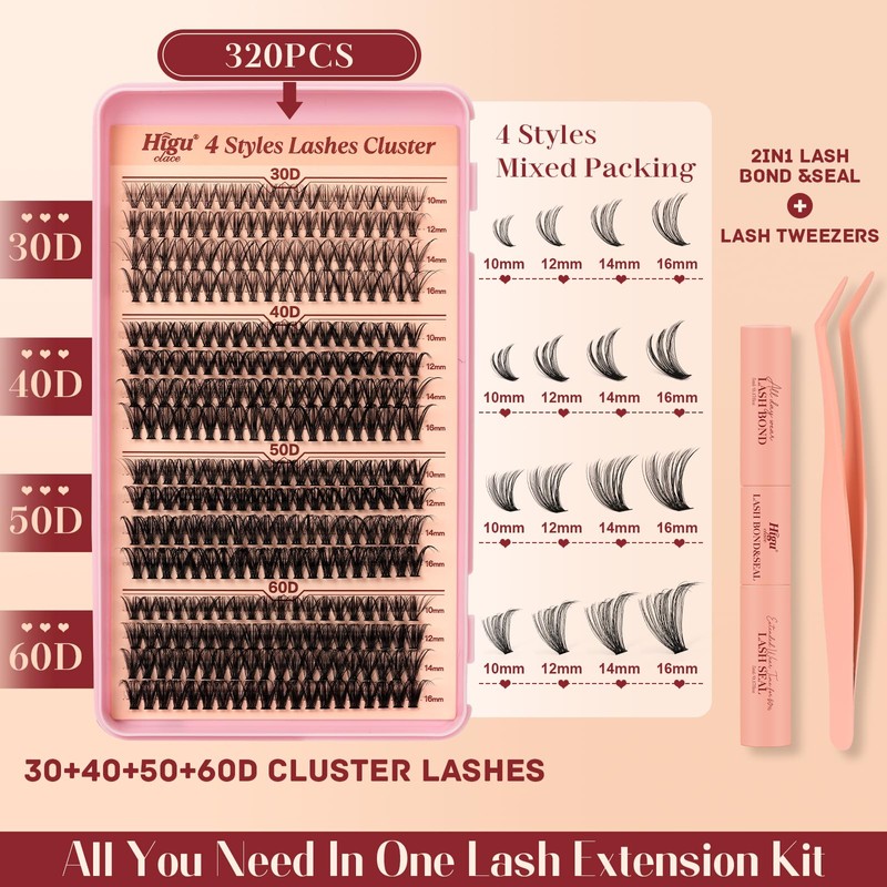 Higu clace Wimpern-Extensions,30D+40D+50D+60D Lash-Extension-Set, Wimpern-Extensions-Set-7-tage halt mit Applikator und Wimpernkleber