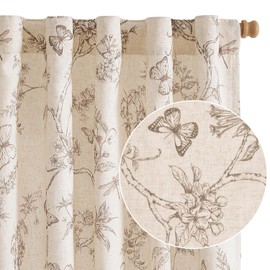 Lazzzy Charlotte Farmhouse Lined Linen Taupe Floral Curtains 96 Inch Long Back Tab Drapes for Living Room Bedroom Light Filtering Country Vintage Rod Pocket, 2 Panels, Taupe on Beige