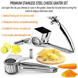 Cheese Grater set, Stainless steel Parmesan Cheese Grater, Comes with 4 stainless steel planer barrels for cheese, nuts, chocolate and more, With Cheese knife set and cleaning brush