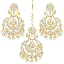 Aheli Bollywood Ethnic Chandbali Style Big Earrings Maang Tikka Set Indian Traditional Bollywood Fashion Jewelry for Women (Sky Blue)