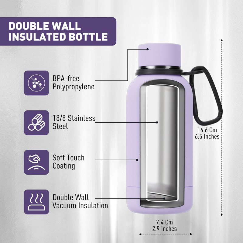 Small Water Bottle 12oz with Clip, Double Wall Stainless Steel