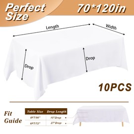 Fixwal 10 Pack White Table Cloth for Rectangle Table, 70 x 120 Inch Polyester Fabric Tablecloths Rectangular, Table Covers 6-8ft for Party, Banquet, Dining, Wedding, Graduation