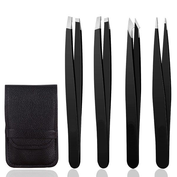 Eyebrow Tweezers Set, Jiasoval 4 Piece Tweezer Set with Case, Precise Eyebrow Plucking Set for Ingrown Hair, Facial Hair Removal, Professional Stainless Steel Beauty Tool for Women and Men