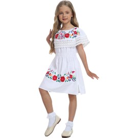 YZXDORWJ Mexican Dress for Girls Embroidered Cinco de Mayo Dress Kids Fiesta Floral Vestidos Girl's Traditional Dress (120, G623W)