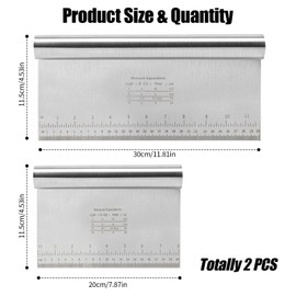 GTNCE Pack of 2 Stainless Steel Dough Scrapers - Kitchen Spatula with Measuring Scale, 20/30 cm Dough Cutter, Non-Stick Dough Card, Stainless Steel, Vegetable Scoop, Kitchen Scraper for Dough, Fondant