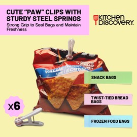 Cat Paw Chip Bag Clips – Kitchen Discovery Cute Chip Clips are Strong and Grippy for Securing Snack Bags, Hanging Laundry, and Organizing Paired Socks – Fun Set of 6