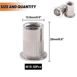 Keadic 50Pcs 304 Stainless Steel Metric Rivet Nut Flat Head Threaded Insert Nutsert Kit - M10