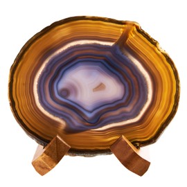 Luxury Lane Large Natural Brazilian Agate Slice Geode Rock Stone Drink Coaster with Wood Holder 4.7-5.5 inch Centerpiece Table Decoration, Oak Brown