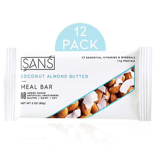 SANS Coconut Almond Butter Meal Replacement Protein Bar | All-Natural Nutrition Bar With No Added Sugar | Dairy-Free, Soy-Free, and Gluten-Free | 16 Essential Vitamins and Minerals | (12 Pack)