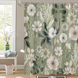 MitoVilla Boho Green Floral Shower Curtain, Summer Plant Leaves Fabric Cloth Shower Curtains for Chic Elegant Bathroom Decor, Modern Abstract Colorful Flower Shower Curtain, 72x72