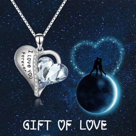 Valentine's Day Gifts for Her, 925 Sterling Silver "I Love You Forever" Heart Pendant Necklace with Light Blue Crystal, AOBOCO Jewellery Birthday Gifts for women