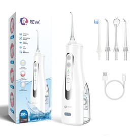 R REVA Cordless Oral Irrigator - 4 Modes Water Flosser for Teeth Cleaning, 300ML Reservoir, 360° Nozzle, IPX7 Waterproof, 2000mAh Rechargeable Battery, 4 Jet Tips, Smart Memory Function (M149 - White)