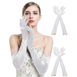 BEVTEE Long White Gloves Women, 2 Pairs, 1920s Elegent Satin Stretchy Elbow Length Princess Gloves, For Tea Party, Costume, Wedding, Cosplay, Formal Event, 20.8 Inch