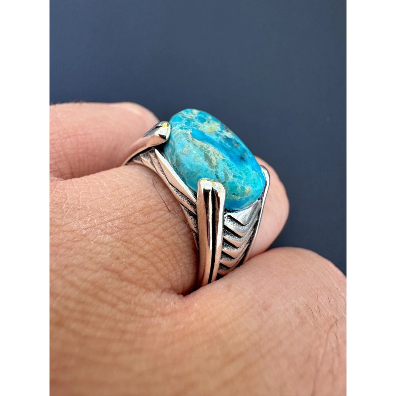 HarlemBling Blue Genuine Turquoise Mens Real Solid 925 Sterling Silver