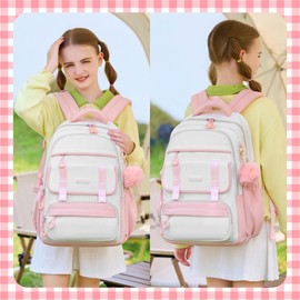 QHRIDS School Backpack for Girls, Laptop Backpack 15.6 Inch Kids Elementary Middle High School Bag Anti Theft Cute College Bookbags for Teens Girls Women Students Casual Travel Daypack,Pink Beige