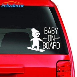 DXLING White Black Baby on Board Car Decal,BOY on Snowboard Vinyl Car Stickers Cool Car Window Decor L717 (White)
