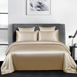 AShanlan Satin Bed Linen Set, 135 x 200 cm, Taupe Plain Duvet Cover, 100% Smooth, Comfortable Gloss Satin Polyester, 1 Duvet Cover 135 x 200 cm + 1 Pillowcase 80 x 80 cm