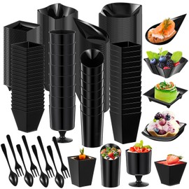 Tessco for you 800 Pcs Mini Appetizer Plates Dessert Cups Spoons Forks Set Dessert Containers Assorted Shape Plastic Parfait Cups Disposable Spoon Forks for Party Serving (Black)