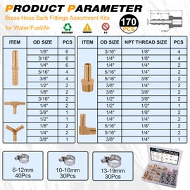 Ailbiuko 170Pcs Brass Hose Barb Fittings Assortment Kit Splicer Mender,Adaptor,Coupler,Tee,Y Shaped Union,Male Elbow Thread 1/8" 3/16" 1/4" 5/16" 3/8" 1/2" Fittings with Pipe Clamps