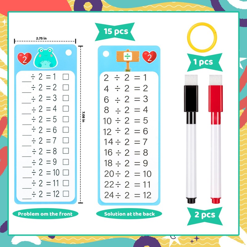 15Pcs Division Flash Cards, Division Chart 1-12 with 2 Dry