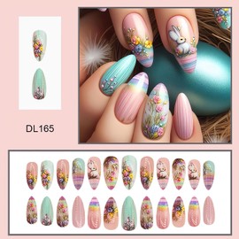 Almond Easter Day Press on Nails Medium Fake Nails, LPOODDNU Retro Flower Press on Nails Glossy Pink Spring False Nail Tips Full Cover Glue on Nails Cute Easter Stick on Nails for Women, 24Pcs