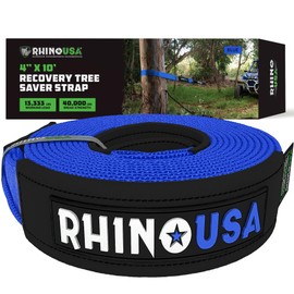 Rhino USA Tree Saver Tow Strap (4" x 10') - 40,320lb Break Strength - Emergency Recovery Strap Winch Extension for Truck, UTV, ATV & More - Heavy Duty Straps Compatible with Jeep, Ford, Toyota (Blue)
