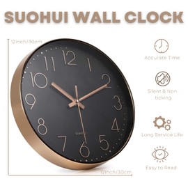 SUOHUI 12 Inch Silent Wall Clock Non-Ticking Modern Style Wall Clocks Battery Operated for Home/Bedroom/Office/Classroom/School/Living Room Decor(Golden Frame Black Dial )
