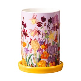 WAIT FLY Floral Porcelain Kitchen Utensil Holder with Bottom Flatware Storage Organizer Utensil Crock for Countertop Kitchen Counter Decor-Purple