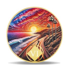 6 Year Sunset Coastal Road Sobriety Coin – Journey into Serenity NA Medallion – Spiritual Token for Recovery & Clean Time – Empowering NA AA Chips – Gift for Men & Women