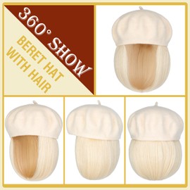 Lansigreen Hat Wig Beret Hat with Hair Extensions Classic French Wool Hat Attached 12" Straight Short Bob Hairpiece Synthetic for Women Bleach Blonde
