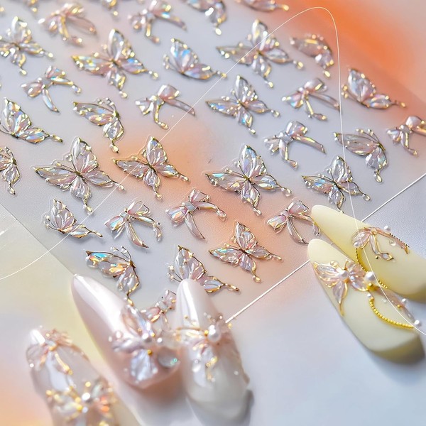 1 Sheet Butterfly Nail Stickers Embossed Self-Adhesive Bow Design 5D