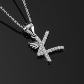 B.Catcher Women Necklaces Cubic Zirconia Jewellery, Initial Pendant S925 Sterling Silver Alphabet Necklace(Wing K)
