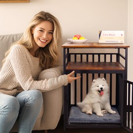 Dog Crate Furniture for Small Dogs, Chew-Proof Steel-Tube Dog Cage, Indoor Pet Crate End Table with Pet Mat, Decorative Dog Kennel with Double Storage