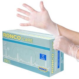Disposable Vinyl Gloves, 200 Gloves, Small, Clear Powder Free Vinyl, Food Kitchen, Latex Free, Ronco Care 230S (S)