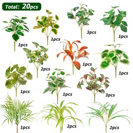 Artificial Plants Outdoor Greenery Stems, 20PCS Faux Greenery Bushes UV Resistant Plastic Shrubs with Real Touch Flexible Leaves, Fake Plants for Planter Garden Patio Porch Window Box Fence Yard Decor
