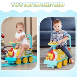 OLAKIDS Kids Ride On Train with Track, 6V Electric Toy with Lights and Sounds, Retractable Footrest, Under Seat Storage, Christmas Theme Battery Powered for Toddlers Boys Girls (1 Seater, Lion)