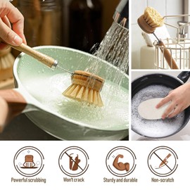 KEJJRIUTN Kitchen Cleaning Set, 8 Pieces with Pot Brushes and Cleaning Cloths, Wooden Handle Scrubbers