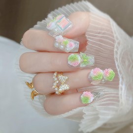 Press on Nails Square Medium Length Glossy Full Cover Acrylic Glitter False Nails with Green Floral Designs Artificial Short Coffin Fake Nails with Charms Glue ons Fingernails for Women Girls