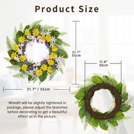 Arborus Spring Wreaths for Front Door 55cm Daisies Artificial Flowers Wreath with Fern Magnolia Green Leaves Silk Floral Summer Wreath for Home Farmhouse Garden Wedding Decor