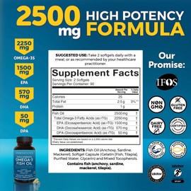 Triple Strength Omega 3 Fish Oil Supplement for Women and Men – 2500 mg High-Potency, Easy-to-Absorb Re-esterified Triglyceride Form, Pescatarian-Friendly DPA EPA DHA Omega 3 Supplement, 180 Softgels