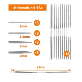 ZITFRI Circular Knitting Needles Set Stainless Steel 21 cm 12 Pieces Knitting Needles Beginner Set with 4 Sizes 2 mm 2.5 mm 3 mm 4 mm, Crochet Hook Set Crochet Hooks Yarn Needles