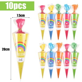COLOFALLA Pack of 10 School Cone for Girls Boys Small Siblings School Cone School Child Rainbow Boho Sugar Bags for Filling Sibling Bag Decoration for First Day of School Farewell Gift