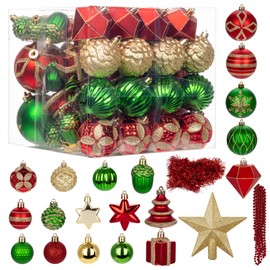 72ct Christmas Tree Ornaments Set Assorted Shapes and Sizes Christmas Tree Decorations Set Red & Green Christmas Ornaments Bulk Shatterproof Christmas Ball Ornaments for Holiday Party Home Decor