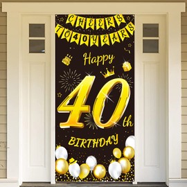 DPKOW Black Gold 40th Birthday Decoration for Man Woman, Black Gold 40th Birthday Banner for Backdrop Door Decoration, Fabric 40th Birthday Background Banner for Garden Table Wall Decoration, 185x90cm