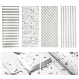 60 Sheets of Wrapping Paper Metallic Tissue Paper Foil Wrapping Paper with Star Stripes Dot Pattern for Crafts Christmas Gift Birthday Wedding 50 x 70 cm, 4 Patterns (Silver)