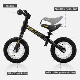 Bobike Toddler Balance Bike with Inflatable Rubber Tires, Kids Push Balance Bike Toys for 18 Month to 4 Year Old Boys Grils Adjustable Seat and Handlebar No-Pedal Training Bike Best Gifts(Black)