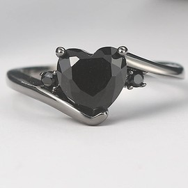 Black Gold Plated Heart Shaped Stone Solitaire Style Wedding Engagement Promise Statement Ring (Full Black, 7)