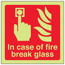 Vsafety 13088AM-G Glow In The Dark In Case of Fire Break Glass Sign - 150mm x 150mm - Rigid Plastic, Red