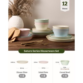 Famiware Saturn Dinnerware Sets, Plates and Bowls Sets for 4, 12 Pieces Stoneware Dish Set - Chip and Scratch Resistant, Microwave and Dishwasher Safe Tableware Set, Multi-color with Rim
